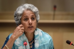 FILE - WHO Chief Scientist Soumya Swaminathan attends a press conference organized by the Geneva Association of United Nations Correspondents in Geneva, July 3, 2020.