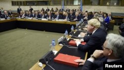 European Foreign ministers attend the Cyprus reunification talks at the United Nations in Geneva, Switzerland, Jan. 12, 2017.