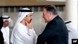 Secretary of State Mike Pompeo, right, and United Arab Emirates Foreign Minister Sheikh Abdullah bin Zayed Al Nahyan speak together at the al-Shati Palace in Abu Dhabi‎, United Arab Emirates, July 10, 2018 to travel to Brussels. 