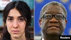 A combination picture shows the Nobel Prize for Peace 2018 winners: Yazidi survivor Nadia Murad posing for a portrait at United Nations headquarters in New York, March 9, 2017, and Denis Mukwege during an award ceremony to receive his 2014 Sakharov Prize 