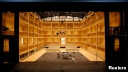 FILE - A general view shows the interior of the Gdansk Shakespeare Theater. The new Elizabethan-style theater opened in Gdansk earlier this month on the site of a building that showed Shakespeare's plays during his lifetime in the Baltic Sea city.
