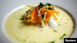 A dish of halibut is seen at Chef Christopher Haatuft's restaurant Lysverket in Bergen, Norway, July 31, 2018.