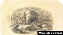 Ink drawing by 19th Century artist F.O.C. Darley shows Puritan missionary John Eliot preaching to Natives in the Massachusetts Bay Colony