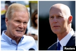 FILE - U.S. Senator Bill Nelson (L) speaks in Orlando, Florida, June 12, 2016, and Florida Governor Rick Scott appears in Washington, D.C., Sept. 29, 2017, respectively. The contentious U.S. Senate race between is still too close to call.