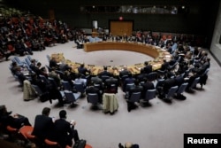 Members of the U.N. Security Council meet to discuss a North Korean missile launch at U.N. headquarters in New York, Nov. 29, 2017.