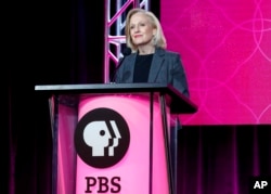 FILE - President and CEO Paula Kerger speaks at the PBS's Executive Session at the 2017 Television Critics Association press tour in Pasadena, Calif., Jan. 15, 2017. President Donald Trump's 2018 budget proposal plans to kill funding for the Corporation for Public Broadcasting (CPB). "We're celebrating the 50th anniversary of the Public Broadcasting Act, what I think has been the most successful public-private partnership — how ironic it would be if we were defunded this year," said Kerger.