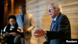Democratic presidential candidate Senator Bernie Sanders talks to reporters in New York City, April 8, 2016. Sanders could beat any of the three remaining Republican challengers if the general election were held now, according to a recent poll.