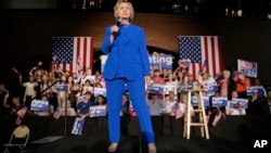 Democratic presidential candidate Hillary Clinton speaks during a rally at Louisville Slugger Field's Hall of Fame Pavilion in Louisville, Ky., May 10, 2016.