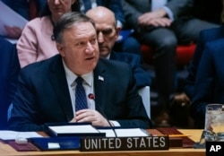 U.S. Secretary of State Mike Pompeo speaks at the U.N. Security Council at the U.N Headquarters, Jan. 26, 2019. Pompeo encouraged the council to recognize Juan Guaido as the constitutional interim president of Venezuela.