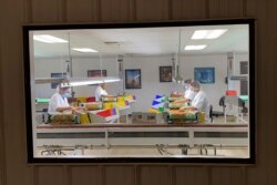 Karyawan di fasilitas pemrosesan almond di Steward & Jasper Orchards, Newman, California, 20 Juli 2021. (AP)