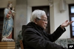 Retired archbishop of Hong Kong Cardinal Joseph Zen gestures during an interview in Hong Kong, Friday, Feb. 9, 2018.