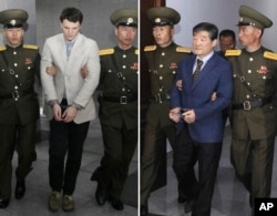 FILE - In this combination of file photos, U.S. citizens Otto Warmbier on March 16, 2016, left, and Kim Dong Chul on April 29, 2016; are escorted at court in Pyongyang, North Korea.
