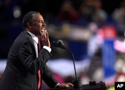 FILE - Dr. Ben Carson speaks during the second day of the Republican National Convention in Cleveland, July 19, 2016.