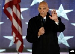 FILE - Tom Barrack, then the chairman of Donald Trump's inaugural committee, speaks at at a preinaugural celebration at the Lincoln Memorial in Washington, Jan. 19, 2017.