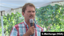 Doug Taylor Freeme, a former leader of the predominantly white Zimbabwe Commercial Farmers Union, spoke at a public meeting in Chinhoyi town, Zimbabwe, May 10, 2019.