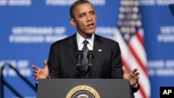 President Barack Obama addresses convention of Veterans of Foreign Wars in Reno, Nev. July 23, 2012.