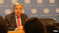 U.N. Secretary-General Antonio Guterres António Guterres speaks to reporters at a press conference at the United Nations headquarters in New York, September 21, 2018. (Sun Narin/VOA Khmer)