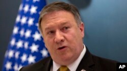 U.S. Secretary of State Mike Pompeo, speaks during a press conference with Saudi Arabia's Foreign Minister Adel al-Jubeir, at the Royal Terminal of King Khaled airport, in Riyadh, Saudi Arabia, April 29, 2018. 