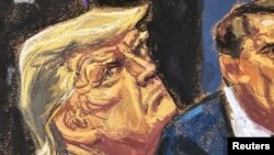 ในภาพสเกตช์ในห้องพิจารณาคดี อดีตปธน.โดนัลด์ ทรัมป์ นั่งข้าง ทอดด์ บลานช์ ทนายความของทรัมป์ ระหว่างการแถลงปิดคดีเงินปิดปากอดีตดาราหนังผู้ใหญ่ เมื่อปี 2016 ในนิวยอร์ก เมื่อ 28 พ.ค. 2024 (REUTERS/Jane Rosenberg)