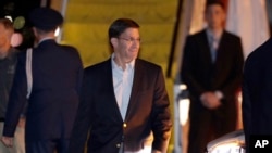 U.S. Secretary of Defense Mark Esper arrives in Sydney, Australia, Saturday, Aug. 3, 2019, for annual bilateral talks. 