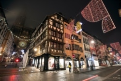 Christmas lightings are pictured where the Christmas market usually takes place, Nov.27, 2020, in Strasbourg, eastern France. Due to the COVID-19 pandemic, the well-known festive market will not be taking place this year.