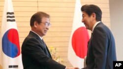 미·북 정상회담 추진 상황을 설명하기 위해 일본을 방문한 서훈 한국 국정원장(왼쪽) 이 13일 도쿄 총리 공관에서 아베 신조 일본 총리를 만나 악수하고 있다. 