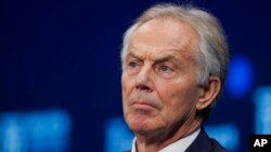 FILE - Former British Prime Minister Tony Blair is pictured during a discussion at the Milken Institute Global Conference, in Beverly Hills, Calif., April 30, 2018.