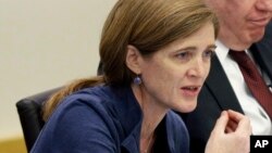 사만사 파워 유엔 주재 미국대사가 30일 뉴욕 유엔 본부에서 열린 북한 인권 토론회에서 발언하고 있다.