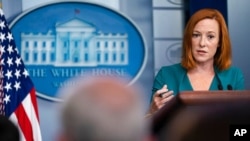 젠 사키 백악관 대변인이 지난 1일 정례 브리핑을 진행하고 있다. (자료사진)