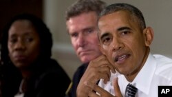 President Barack Obama speaks to media at the bottom of a meeting at the Eisenhower Executive Office Building on the White House complex in Washington, D.C., July 13, 2016.