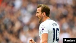Le joueur , Harry Kane de Tottenham lors d'un match contre Leicester City, Angleterre, le 13 mai 2018.
