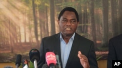 FILE - Zambian President-elect Hakainde Hichilema speaks at a press conference at his residence in Lusaka, Aug. 16, 2021.