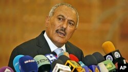 President Ali Abdullah Saleh speaks during a media conference in Sanaa, Yemen (File Photo - February 21, 2011)