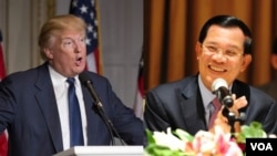 Kandidat calon presiden Partai Republik Donald Trump (kiri) dan Perdana Menteri Kamboja Hun Sen.
