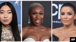 FILE - From left, Awkwafina, Cynthia Erivo, and Eva Longoria are among the 819 people who have been invited to join the Academy of Motion Picture Arts and Sciences. (AP Photo)