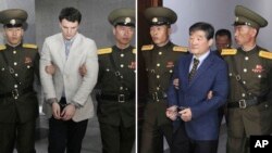 Deux autres Américains sont déjà détenus en Corée du Nord: à gauche (16 mars 2016), l'étudiant Otto Warmbier, condamné à 15 ans de travaux forcés, et à droite, le pasteur Kim Dong-Chul, en prison pour espionnage, Pyongyang, le 29 avril 2016.