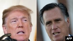 រូបឯកសារ៖ ប្រធានាធិបតី​អាមេរិក​លោក Donald Trump និង​លោក Mitt Romney អតីត​បេក្ខជន​ប្រធានាធិបតី​ខាង​គណបក្ស​សាធារណរដ្ឋ។ 