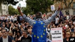Para pendukung anti-Brexit berunjuk rasa di depan kediaman PM Inggris, 10 Downing Street, London, 28 Agustus 2019. 