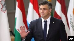 FILE - Croatian Prime Minister Andrej Plenkovic arrives for an EU summit at the Europa building in Brussels, June 22, 2017.