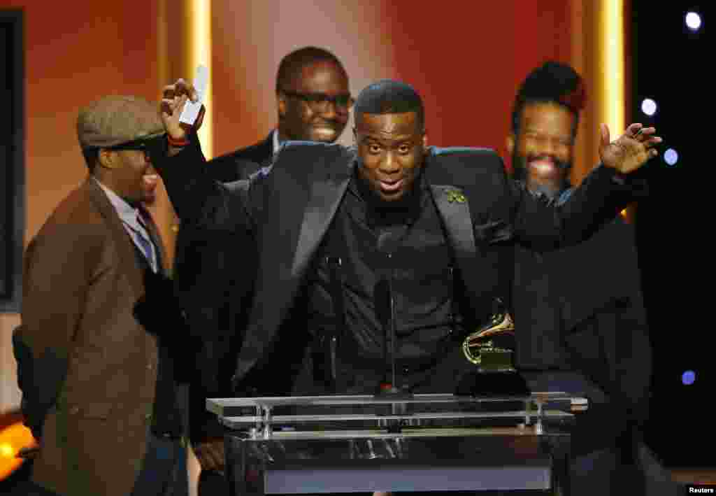 The Robert Glasper Experiment accept their award for best R&B Album for their album "Black Radio" at the 55th annual Grammy Awards in Los Angeles, California, Feb. 10, 2013. 