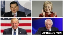 Searah jarum jam dari kiri atas: Senator Ted Cruz (Republik), mantan menlu Hillary Clinton (Demokrat), Senator Bernie Sanders ( (Demokrat)) dan Donald Trump (Republik).