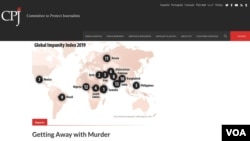 Izgled sajta Komiteta za zaštitu novinara (CPJ) na kome je prikazana karta sveta sa elemtima Indeksa o globalnom nekažnjavanju 2019. Na karti se vide tačke na kojima su novinari ubijani, a njihove ubice slobodne, 29. oktobra 2019.
