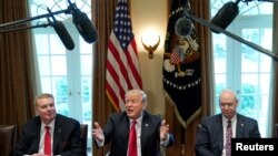 도널드 트럼프 대통령(가운데)이 지난 1일 백악관에서 철강업계 최고 경영자들과 간담회를 가졌다. 이날 트럼프 대통령은 철강 25%, 알루미늄 10% 관세 부과는 모든 나라를 대상으로 시행할 것이라고 밝혔다. 