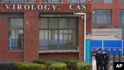 资料照：武汉病毒所外的安全人员 （2021年2月3日）