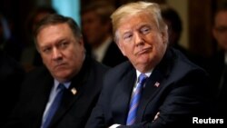 Presiden AS Donald Trump (kanan) dan Menlu Mike Pompeo dalam rapat kabinet di Gedung Putih. 