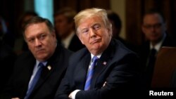 지난달 18일 백악관 각료회의에서 도널드 트럼프 미국 대통령 옆자리에 마이크 폼페오 국무장관이 앉아있다.