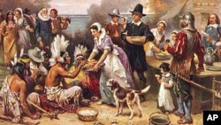 Para pendatang dan masyarakat Indian berkumpul bersama untuk menyantap hidangan besar pada 1621 untuk merayakan panen sukses pertama Koloni Plymouth.