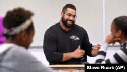 John Urschel teaches students at a STEM event near Baltimore in July.