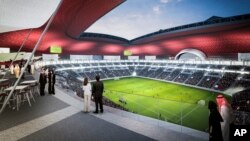 FILE - This computer image released by Qatar’s Supreme Committee for Delivery & Legacy of an artist's impression shows the Al Bayt Stadium, Qatar.