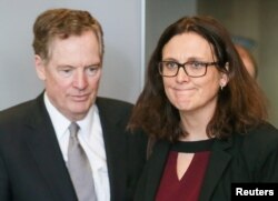 FILE: U.S. Trade Representative Robert Lighthizer and European Trade Commissioner Cecilia Malmstrom take part in a meeting, Brussels, Belgium, March 10, 2018.